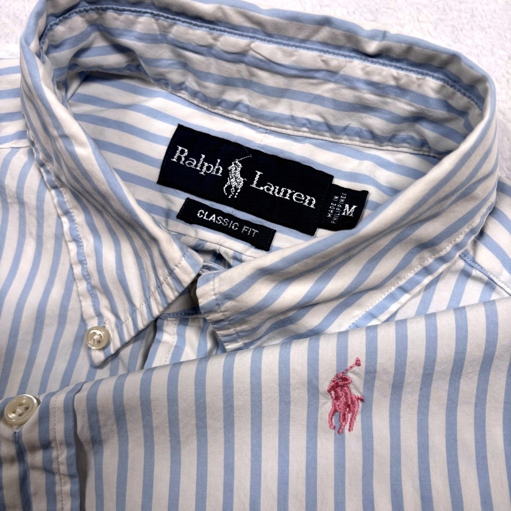 Polo Ralph Lauren Button Shirt Men M Blue White Striped Classic Pink Pony Preppy
